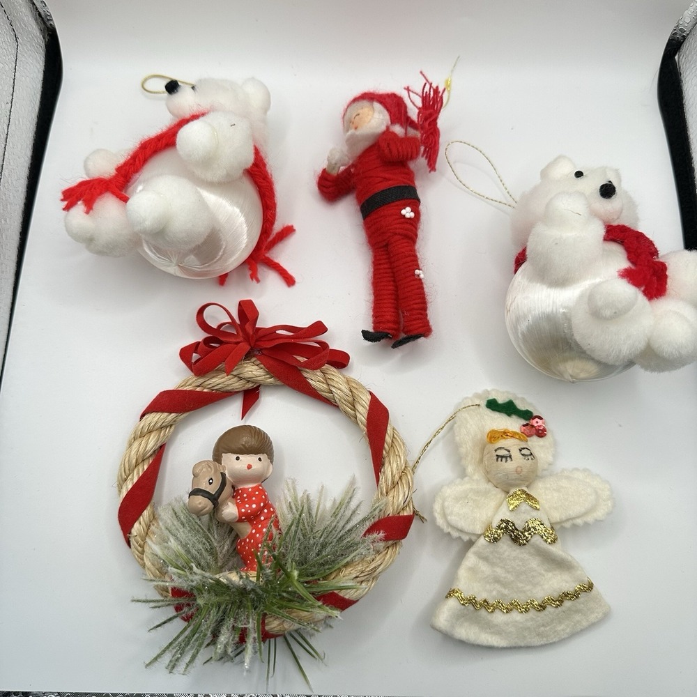 VTG Lot‎ 5 Christmas Ornaments Kitschy Felt Santa Angel Bear MCM Handmade 1960